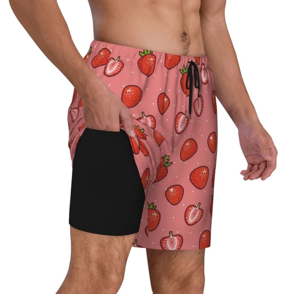 Uemuo Red Strawberry Pattern Mens Swim Trunks Quick Dry Board Shorts with Mesh Lining, Stretch Beach Shorts Quick Dry No-Chafing Board Shorts-