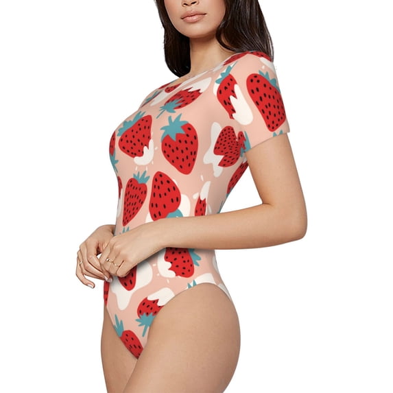 Uemuo Red Strawberry Pattern Women's One Piece Short Sleeve Swimsuit Rash Guard Surfing Modest Quick-drying Swimsuit Beach Essentials-XX-Large