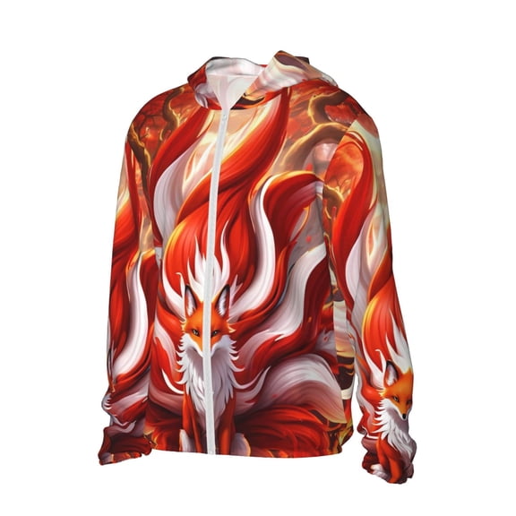 Uemuo Red Sun Flame Fox Pattern Women's Full Zip UPF 50  Sun Protection Hoodie Jacket Long Sleeve Sun Shirt Hiking Outdoor Performance with Pockets-Small