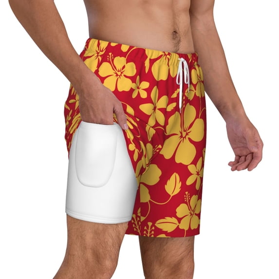 Uemuo Red Vintage Flowers Pattern Mens Swim Trunks Quick Dry Board Shorts with Mesh Lining, Stretch Beach Shorts Quick Dry No-Chafing Board Shorts-Small