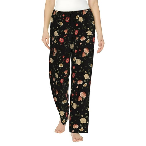 Uemuo Red White Flowers Pattern Women's Wide Leg Palazzo Lounge Pants with Pockets Light Weight Loose Comfy Casual Pajama Pants-Small
