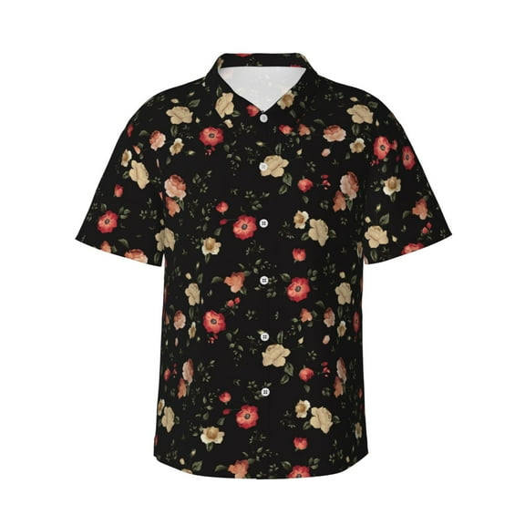 Uemuo Red White Flowers Printed Regular Fit Short Sleeve Casual Hawaiian Shirt for Men,Aloha shirt,Tropical shirt,Floral print shirt,Vacation Beach shirt-Large