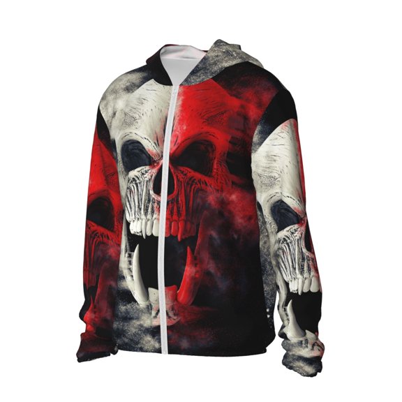 Uemuo Red And White Screaming Demon Skull Pattern Women's Full Zip UPF 50  Sun Protection Hoodie Jacket Long Sleeve Sun Shirt Hiking Outdoor Performance with Pockets-