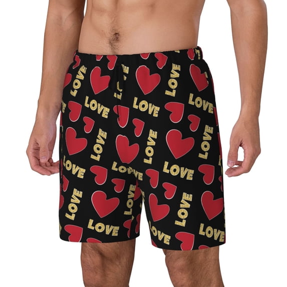 Uemuo Red gold heart Pattern Mens Swim Trunks Quick Dry Board Shorts with Mesh Lining, Stretch Beach Shorts Quick Dry No-Chafing Board Shorts-Medium
