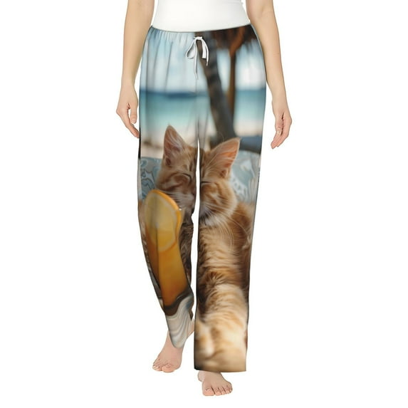 Uemuo Relaxing Cat With Orange Juice Pattern Women's Wide Leg Palazzo Lounge Pants with Pockets Light Weight Loose Comfy Casual Pajama Pants-Medium