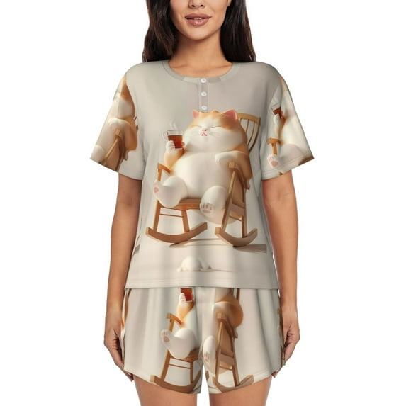 Uemuo Relaxing Cat With Tea Pattern Women's Short-Sleeved Pajama, Button-Front Loungewear, 2-Piece Summer Sleepwear, Elastic Drawstring Shorts-3X-Large