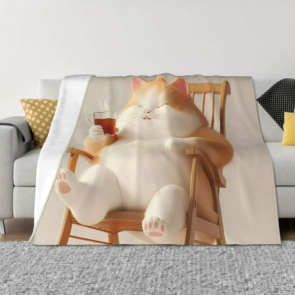 Uemuo Relaxing Cat With Tea Printed Throw Blanket for Couch, Fluffy Fuzzy Blankets for Bed, Sofa, Cozy Flannel Faux Fur Blanket-
