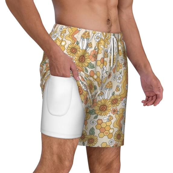 Uemuo Retro 70s 60s Flower Pattern Mens Swim Trunks Quick Dry Board Shorts with Mesh Lining, Stretch Beach Shorts Quick Dry No-Chafing Board Shorts-Large