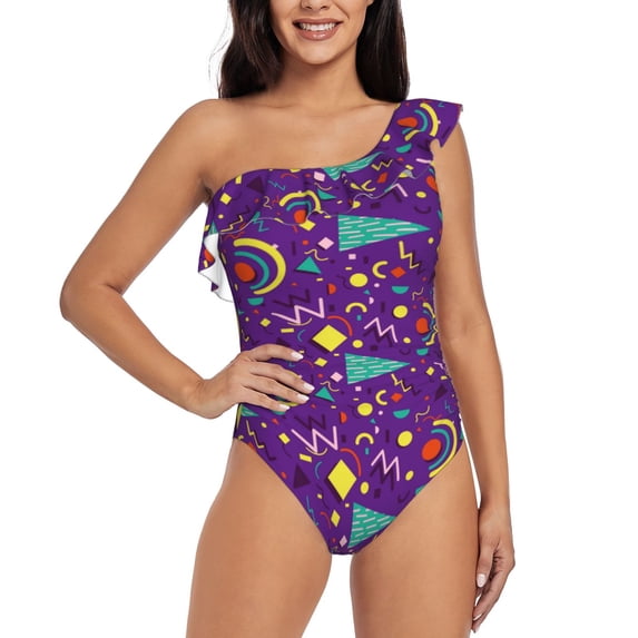 Uemuo Retro 80s Style Print Women's One Piece Swimsuit Asymmetrical Neck Bathing Suit One Shoulder Side Cutout Ruffle Swimwear-Medium