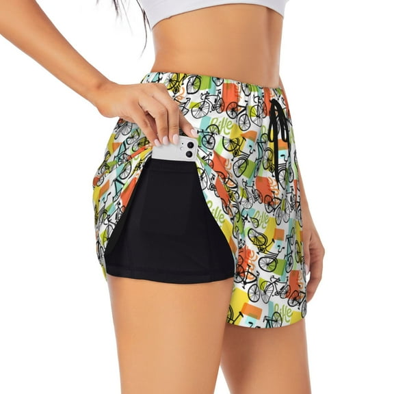 Uemuo Retro Bike Pattern Women's Athletic Shorts High Waisted Running Shorts with Liner Pockets Gym Elastic Workout Shorts-