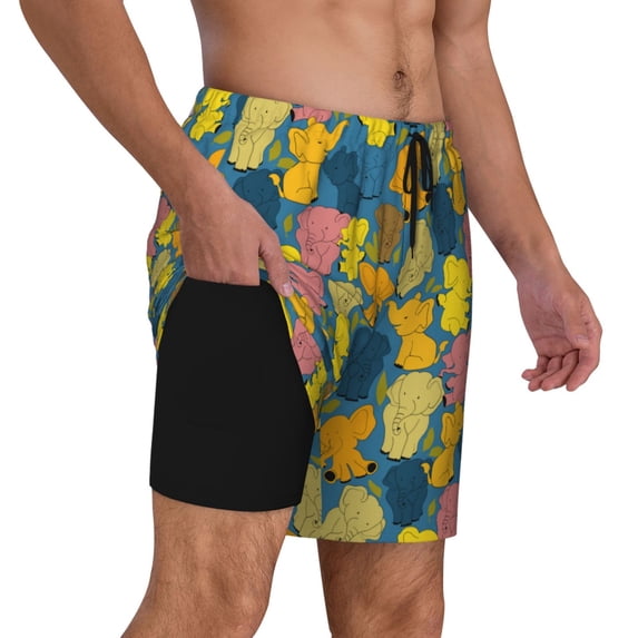 Uemuo Retro Boho Elephants Pattern Mens Swim Trunks Quick Dry Board Shorts with Mesh Lining, Stretch Beach Shorts Quick Dry No-Chafing Board Shorts-