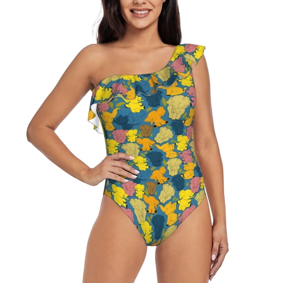 Uemuo Retro Boho Elephants Print Women's One Piece Swimsuit Asymmetrical Neck Bathing Suit One Shoulder Side Cutout Ruffle Swimwear-XX-Large
