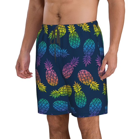 Uemuo Retro Bright Pineapple Pattern Men's Swim Trunks Hawaiian Beach Bathing Suit Swimsuits Beach Quick-Dry Shorts with Pockets-3X-Large