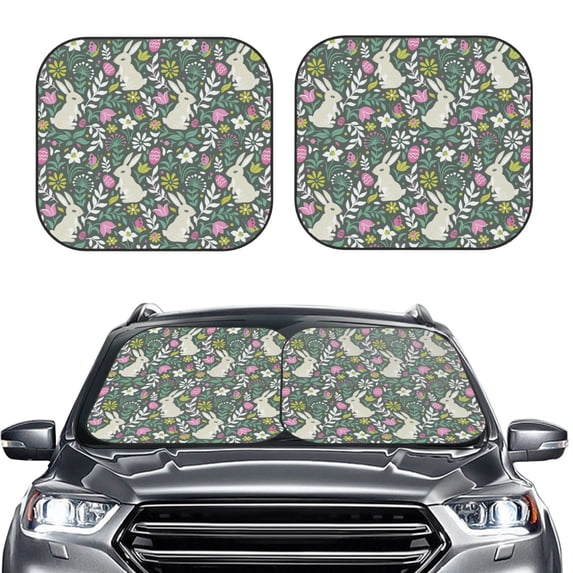 Uemuo Retro Bunny Floral Printed 2 PCS Car Windshield Sun Shade, Auto Sun Heat and UV Rays Blocker, Foldable Automotive Front Window Sunshade Protector
