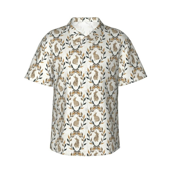 Uemuo Retro Bunny Printed Regular Fit Short Sleeve Casual Hawaiian Shirt for Men,Aloha shirt,Tropical shirt,Floral print shirt,Vacation Beach shirt-Large