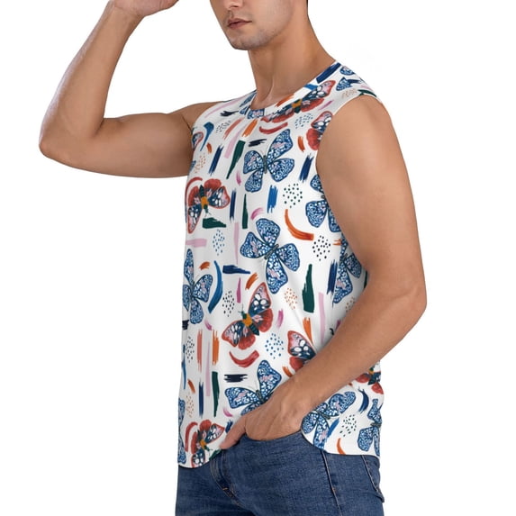 Uemuo Retro Butterfly Pattern Men's Sleeveless T-Shirt,Muscle Athletic Tank Top, Moisture-wicking Quick-dry Breathable Classic Tee Top for Gym Run Outdoor Sports-Small