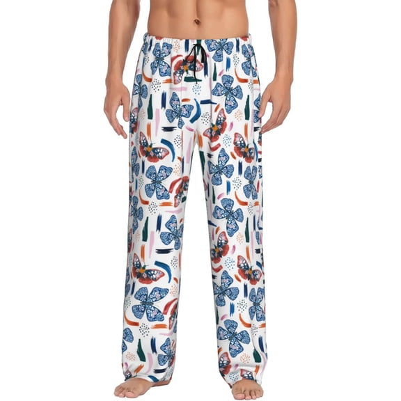 Uemuo Retro Butterfly Pattern Men's Wide Leg Palazzo Lounge Pants with Pockets Light Weight Loose Comfy Casual Pajama Pants-Medium