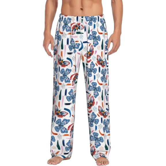 Uemuo Retro Butterfly Pattern Men's Wide Leg Palazzo Lounge Pants with Pockets Light Weight Loose Comfy Casual Pajama Pants-Small