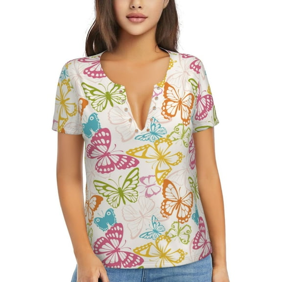 Uemuo Retro Colorful Butterfly Drawing Women's Deep V-Neck Low Cut Tops - Casual Loose Fit with Stainless Steel Loop, Soft, Breathable, Perfect for Office, Travel, and Daily Wear-Small
