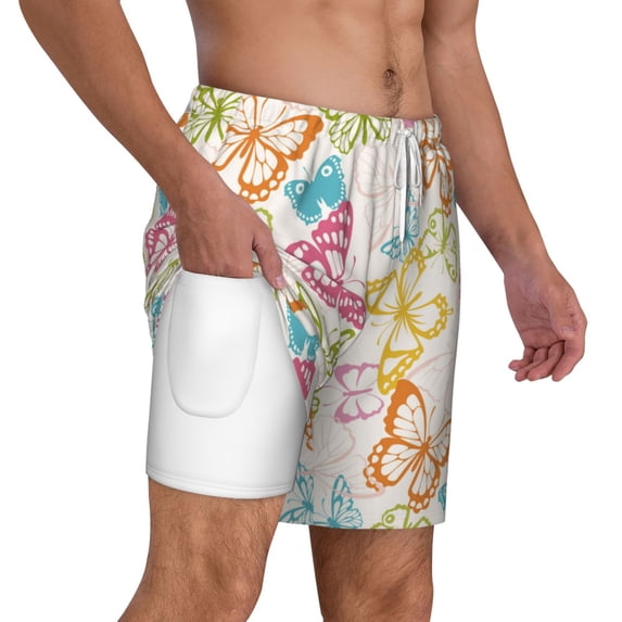 Uemuo Retro Colorful Butterfly Pattern Mens Swim Trunks Quick Dry Board Shorts with Mesh Lining, Stretch Beach Shorts Quick Dry No-Chafing Board Shorts-XX-Large