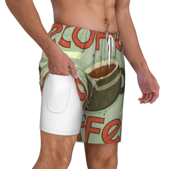 Uemuo Retro Cover For Coffee Pattern Mens Swim Trunks Quick Dry Board Shorts with Mesh Lining, Stretch Beach Shorts Quick Dry No-Chafing Board Shorts-3X-Large