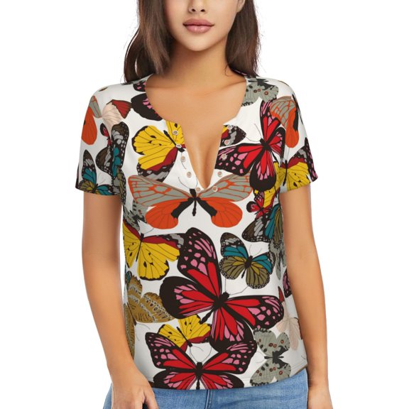 Uemuo Retro Floral Butterfly Drawing Women's Deep V-Neck Low Cut Tops - Casual Loose Fit with Stainless Steel Loop, Soft, Breathable, Perfect for Office, Travel, and Daily Wear-Small