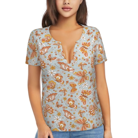 Uemuo Retro Floral Butterfly Drawing Women's Deep V-Neck Low Cut Tops - Casual Loose Fit with Stainless Steel Loop, Soft, Breathable, Perfect for Office, Travel, and Daily Wear-Medium