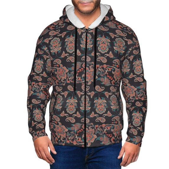 Uemuo Retro Floral for Men's Fashion Full-zip Hoodies & Sweatshirts with Kangaroo Pocket, Zip-up Hooded Sweatshirt, Moisture Wicking & Breathable-XX-Large