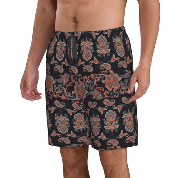Uemuo Retro Floral Pattern Men's Swim Trunks Hawaiian Beach Bathing Suit Swimsuits Beach Quick-Dry Shorts with Pockets-Small