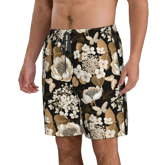 Uemuo Retro Hydrangeas Pattern Men's Swim Trunks Hawaiian Beach Bathing Suit Swimsuits Beach Quick-Dry Shorts with Pockets-XX-Large