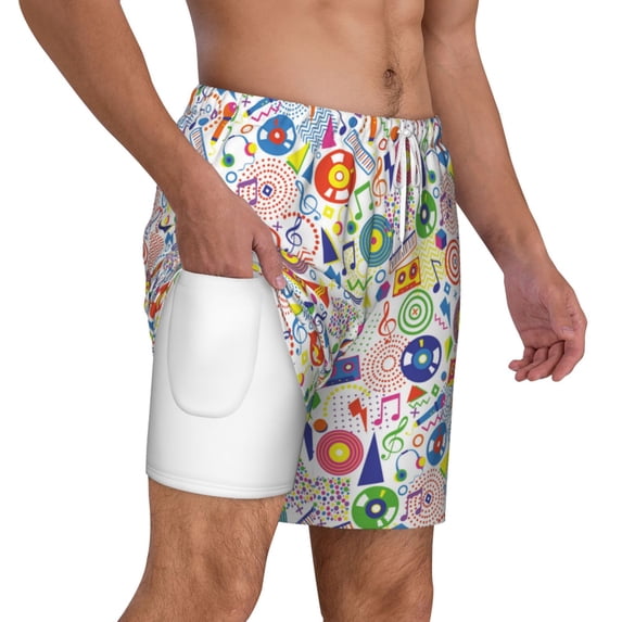 Uemuo Retro Musi Disco Pattern Mens Swim Trunks Quick Dry Board Shorts with Mesh Lining, Stretch Beach Shorts Quick Dry No-Chafing Board Shorts-X-Large