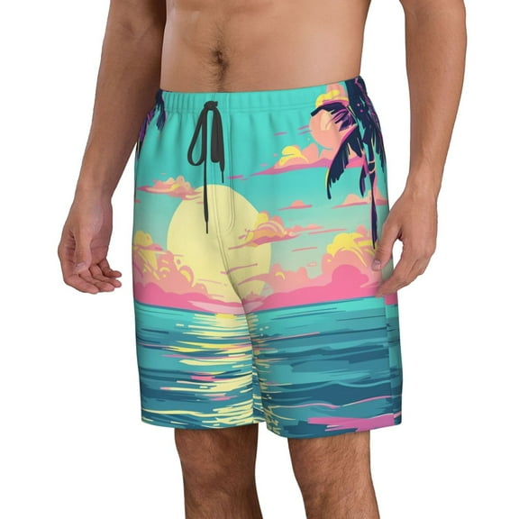 Uemuo Retro Palm Beach Sunset Pattern Men's Swim Trunks Hawaiian Beach Bathing Suit Swimsuits Beach Quick-Dry Shorts with Pockets-X-Large