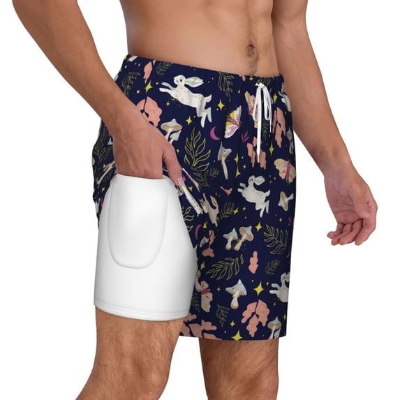 Uemuo Retro Rabbit Flower Pattern Mens Swim Trunks Quick Dry Board Shorts with Mesh Lining, Stretch Beach Shorts Quick Dry No-Chafing Board Shorts-3X-Large