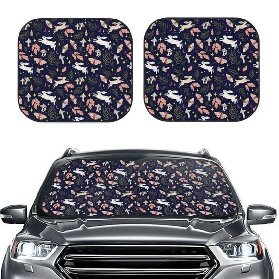Uemuo Retro Rabbit Flower Printed 2 PCS Car Windshield Sun Shade, Auto Sun Heat and UV Rays Blocker, Foldable Automotive Front Window Sunshade Protector