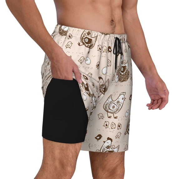 Uemuo Retro Rooster Pattern Mens Swim Trunks Quick Dry Board Shorts with Mesh Lining, Stretch Beach Shorts Quick Dry No-Chafing Board Shorts-X-Large