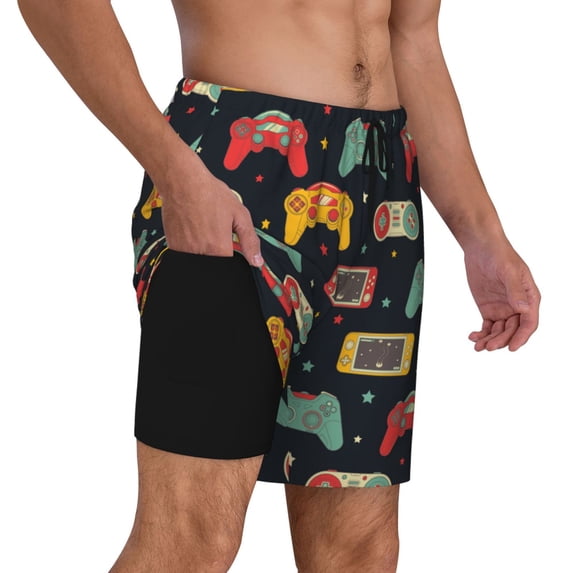 Uemuo Retro Video Game Pattern Mens Swim Trunks Quick Dry Board Shorts with Mesh Lining, Stretch Beach Shorts Quick Dry No-Chafing Board Shorts-3X-Large