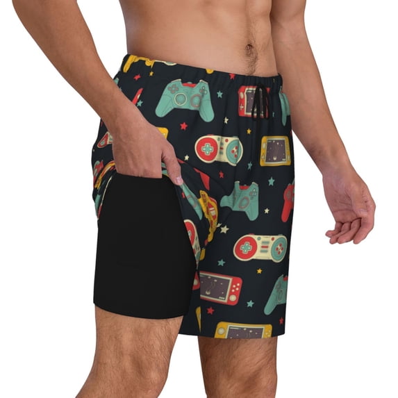 Uemuo Retro Video Game Pattern Mens Swim Trunks Quick Dry Board Shorts with Mesh Lining, Stretch Beach Shorts Quick Dry No-Chafing Board Shorts-X-Large