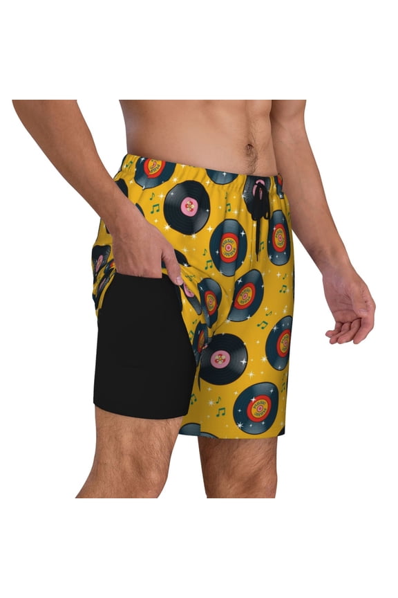 Retro Vinyl Records Pattern Mens Swim Trunks Quick Dry Board Shorts with Mesh Lining, Stretch Beach Shorts Quick Dry No-Chafing Board Shorts-