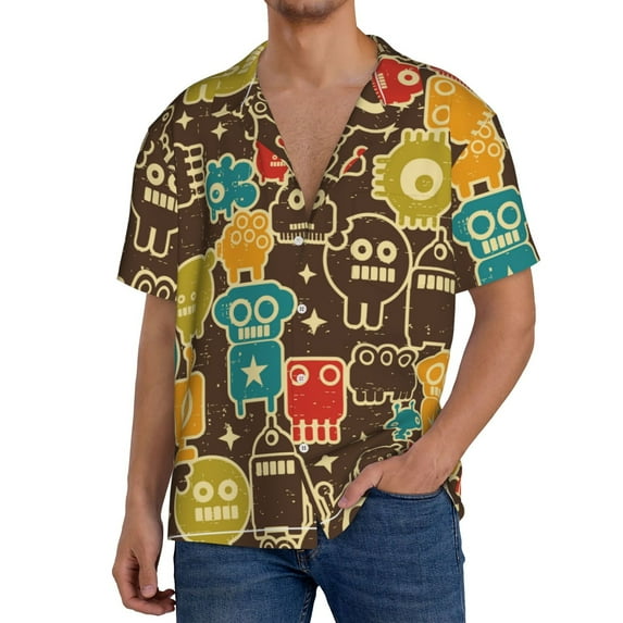 Uemuo Robot and Monsters Pattern Cotton Linen Short Sleeve Shirts,Casual Lightweight Button Down Shirts,Vacation Beach Summer Tops-Small