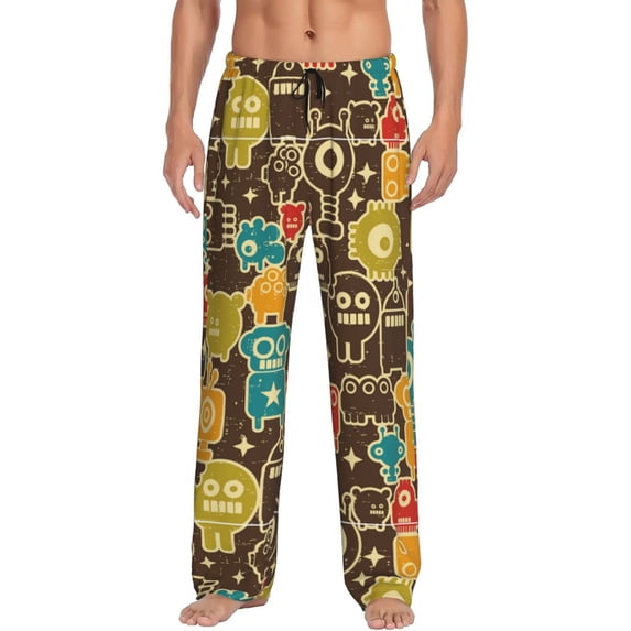 Uemuo Robot and Monsters Pattern Men's Wide Leg Palazzo Lounge Pants with Pockets Light Weight Loose Comfy Casual Pajama Pants-Small
