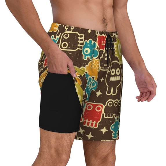 Uemuo Robot and Monsters Pattern Mens Swim Trunks Quick Dry Board Shorts with Mesh Lining, Stretch Beach Shorts Quick Dry No-Chafing Board Shorts-
