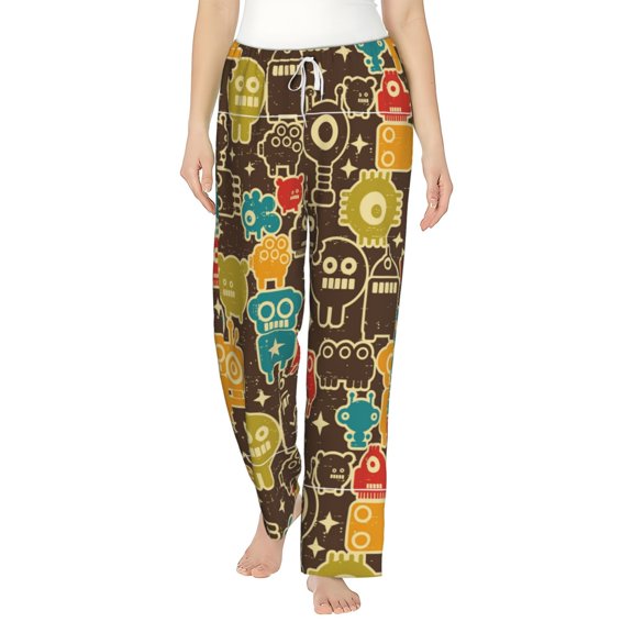 Uemuo Robot and Monsters Pattern Women's Wide Leg Palazzo Lounge Pants with Pockets Light Weight Loose Comfy Casual Pajama Pants-Small