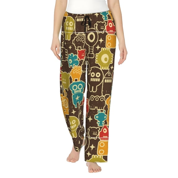 Uemuo Robot and Monsters Pattern Women's Wide Leg Palazzo Lounge Pants with Pockets Light Weight Loose Comfy Casual Pajama Pants-Small