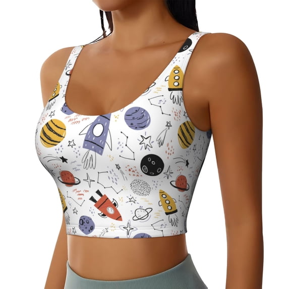 Uemuo Rocket Planets Pattern Women's Sports Bra - High Impact Support, Breathable, and Comfortable Athletic Bra for Running, Yoga, and Workouts