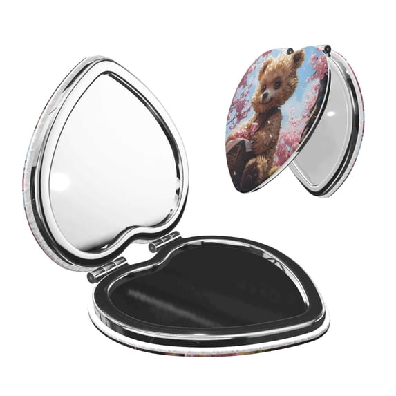 Uemuo Romantic Floral Bear Print Compact Portable Pocket Makeup Mirror - Leather Cover, Elegant Travel Cosmetic Mirror for Purse, Pocket, and Handbag-Heart Shape