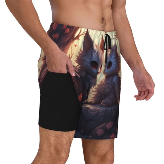 Uemuo Romantic Rose Animal Couple Pattern Mens Swim Trunks Quick Dry Board Shorts with Mesh Lining, Stretch Beach Shorts Quick Dry No-Chafing Board Shorts-XX-Large