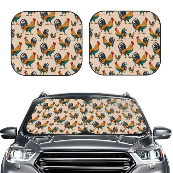 Uemuo Rooster Printed 2 PCS Car Windshield Sun Shade, Auto Sun Heat and UV Rays Blocker, Foldable Automotive Front Window Sunshade Protector