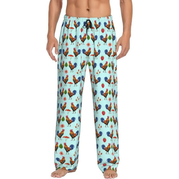 Uemuo Roosters And Plants Pattern Men's Wide Leg Palazzo Lounge Pants with Pockets Light Weight Loose Comfy Casual Pajama Pants-Large