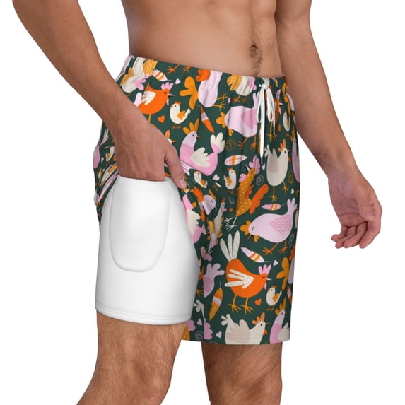 Uemuo Roosters and Chicks Pattern Mens Swim Trunks Quick Dry Board Shorts with Mesh Lining, Stretch Beach Shorts Quick Dry No-Chafing Board Shorts-3X-Large
