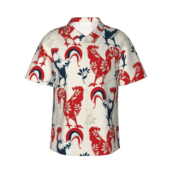 Uemuo Roosters Printed Regular Fit Short Sleeve Casual Hawaiian Shirt for Men,Aloha shirt,Tropical shirt,Floral print shirt,Vacation Beach shirt-Large